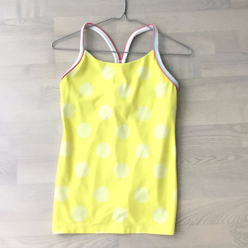 Yellow Lululemon Y Racerback Tank Top w White Polka Dots and Mesh Detail